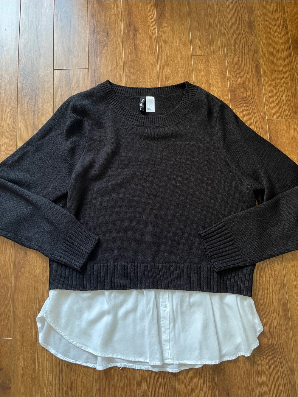 H&M Black Layered Crewneck Sweater with White Faux Shirt Hem